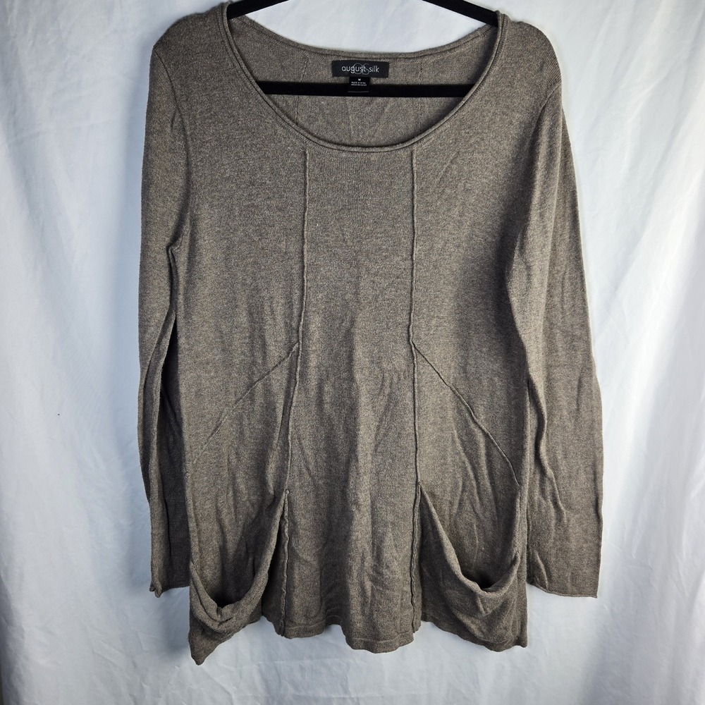August Silk Knit Tunic Shirt Womens Medium Brown Lagenlook Neutral Minimalist